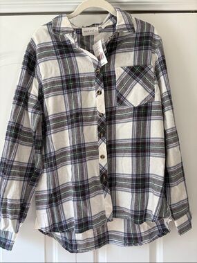 NWT Mia & Tess Plaid Button-Up Shirt in Cream, Green & Navy Size XL